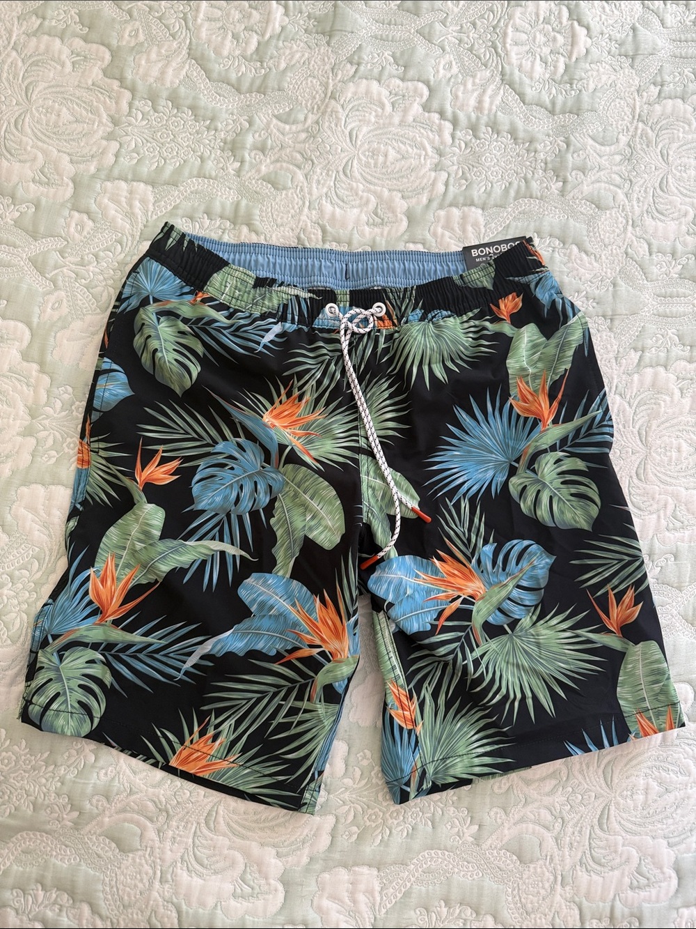 Bonobos Black Tropical Print Swim Shorts with Blue & Green Leaves